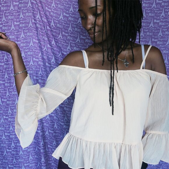 Lovers + Friends cold shoulder spaghetti strap bell sleeves gauze blouse in peac - Picture 5 of 6